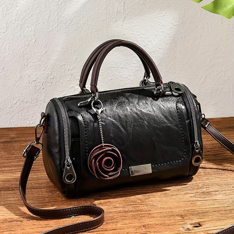 Retro Chic Leather Boston Handbag