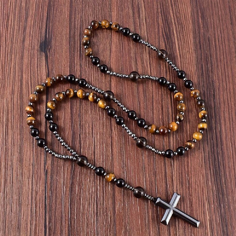1pc Natural Tiger Eye Round Bead Long Chain Necklace with Hematite Cross Rosary Beads, Men's Jewelry for Spiritual Style - Montero Milan