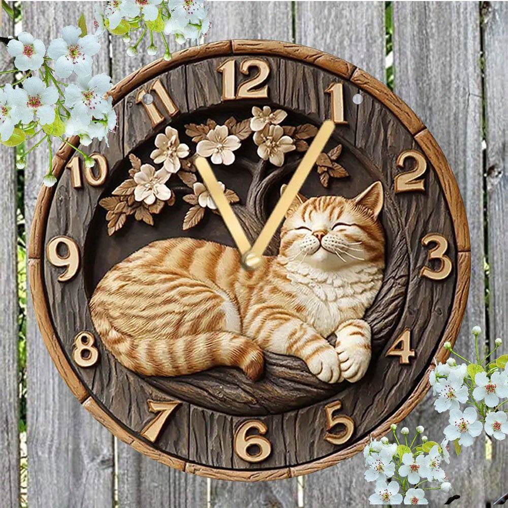 Charming Vintage Cat Floral Wooden Style Wall Clock - Montero Milan