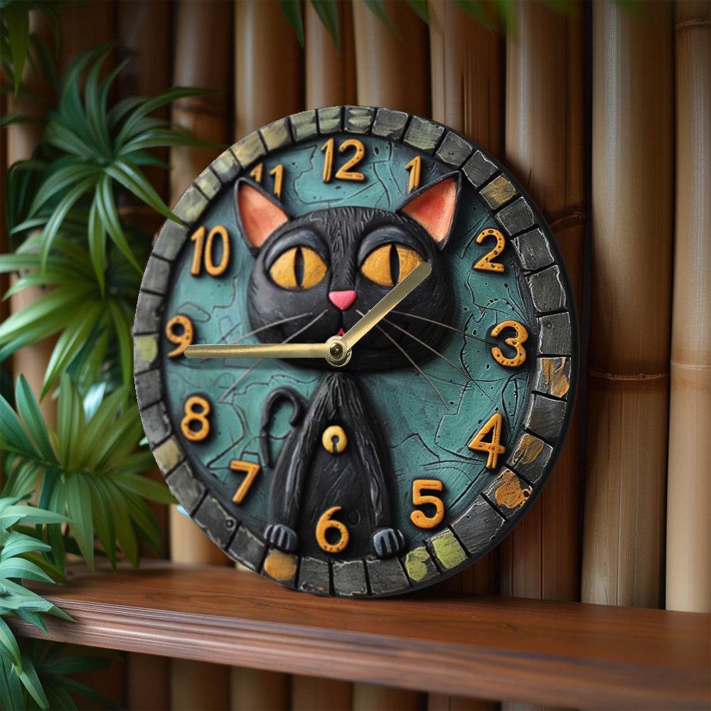 Black Cat Wood Clock Silent Quartz Movement Decor - Montero Milan