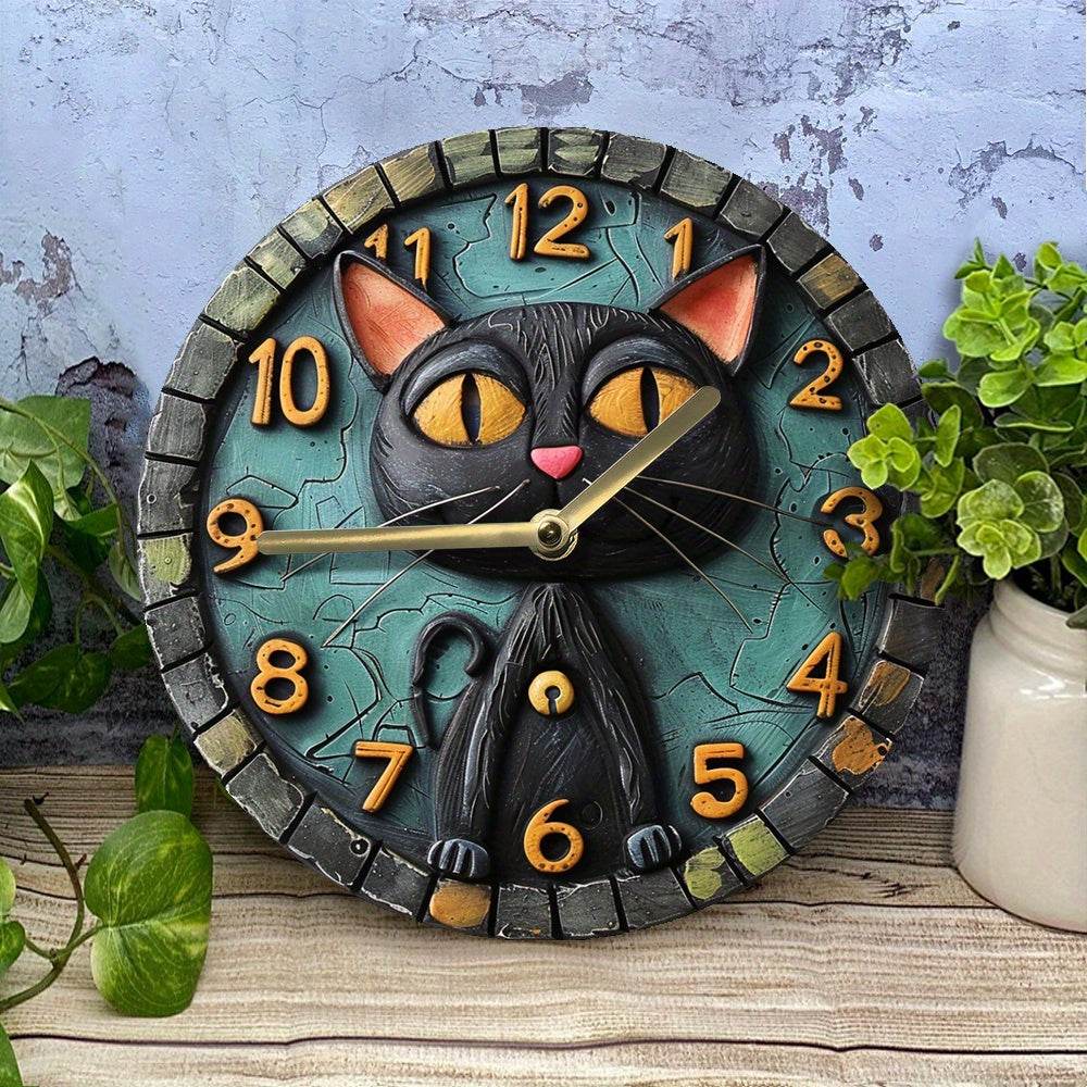 Black Cat Wood Clock Silent Quartz Movement Decor - Montero Milan