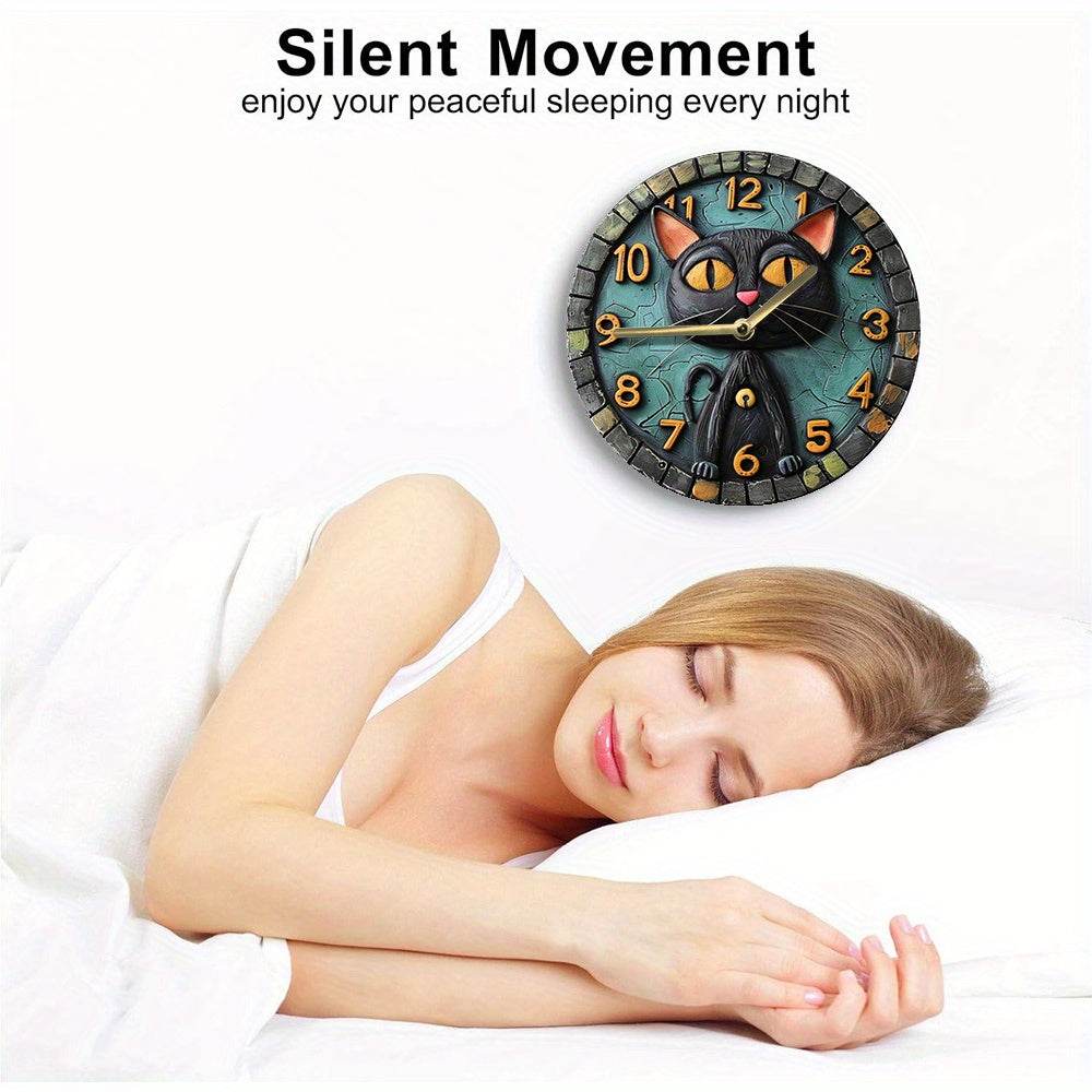 Black Cat Wood Clock Silent Quartz Movement Decor - Montero Milan