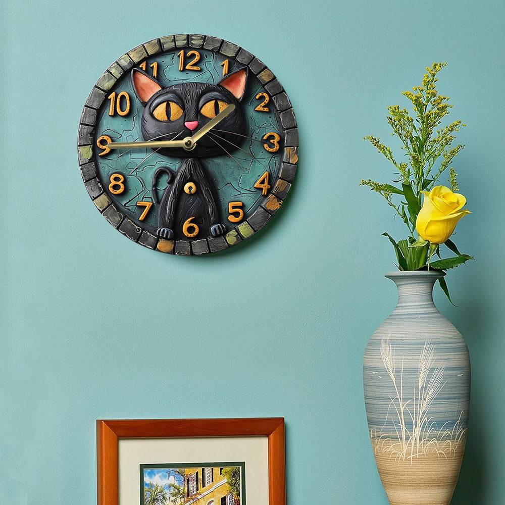 Black Cat Wood Clock Silent Quartz Movement Decor - Montero Milan