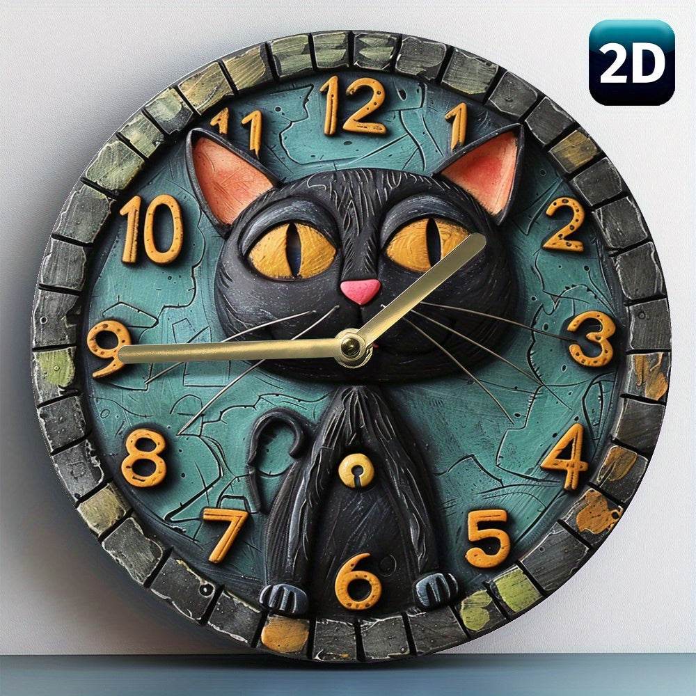 Black Cat Wood Clock Silent Quartz Movement Decor - Montero Milan