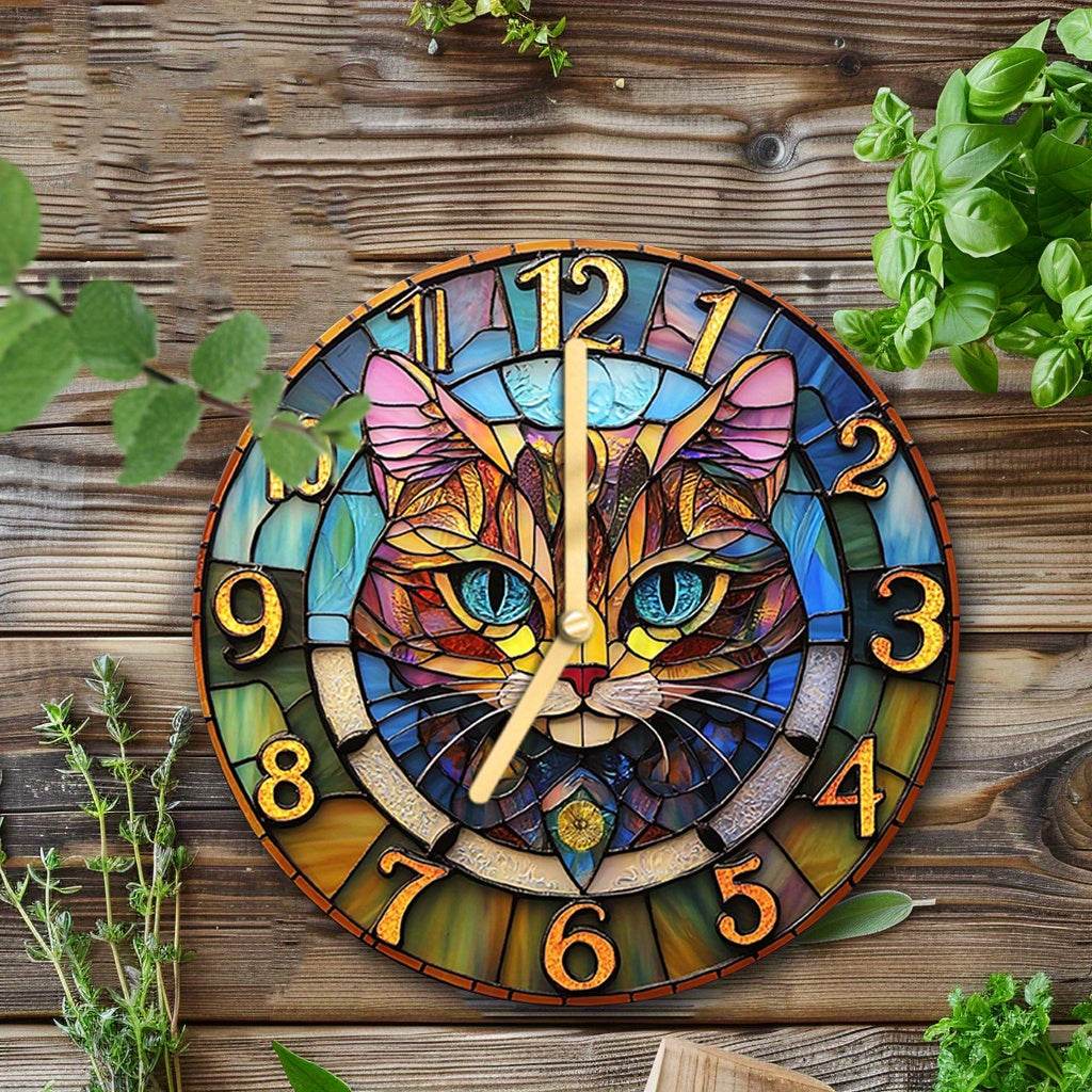 Silent Cat Design Stained Glass Wall Clock - Montero Milan