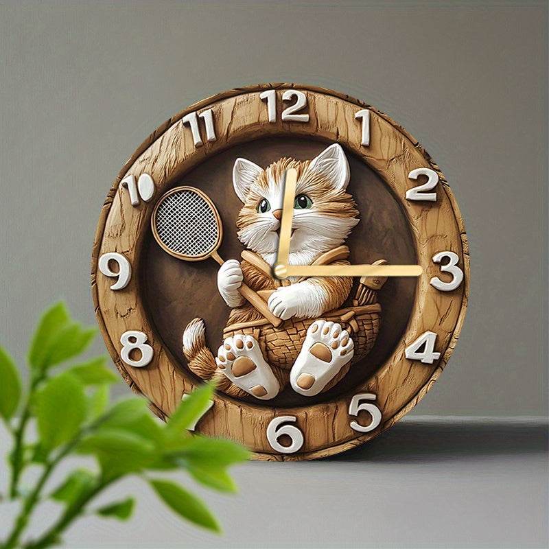 Charming Kitten Badminton Wooden Wall Clock Silent Decor - Montero Milan