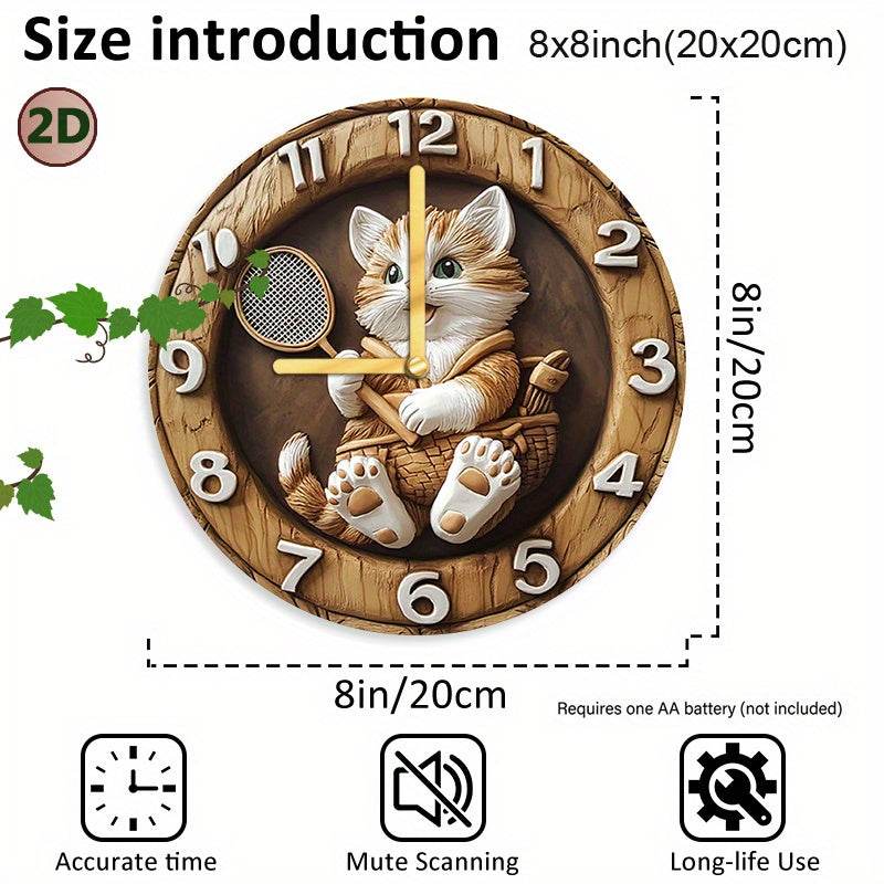 Charming Kitten Badminton Wooden Wall Clock Silent Decor - Montero Milan