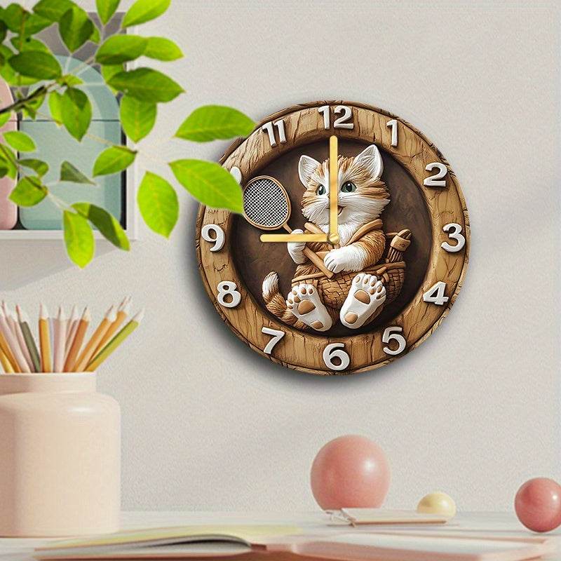 Charming Kitten Badminton Wooden Wall Clock Silent Decor - Montero Milan