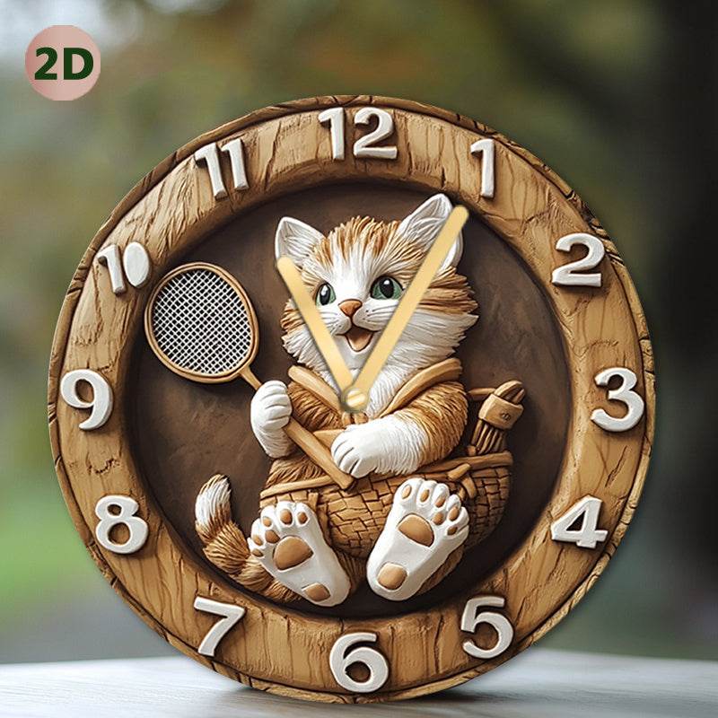 Charming Kitten Badminton Wooden Wall Clock Silent Decor - Montero Milan