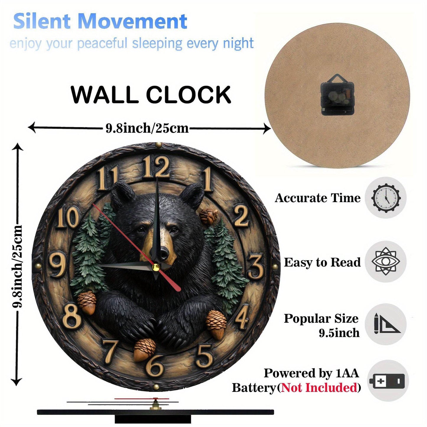 Silent Vintage Black Bear Wooden Wall Clock - Montero Milan
