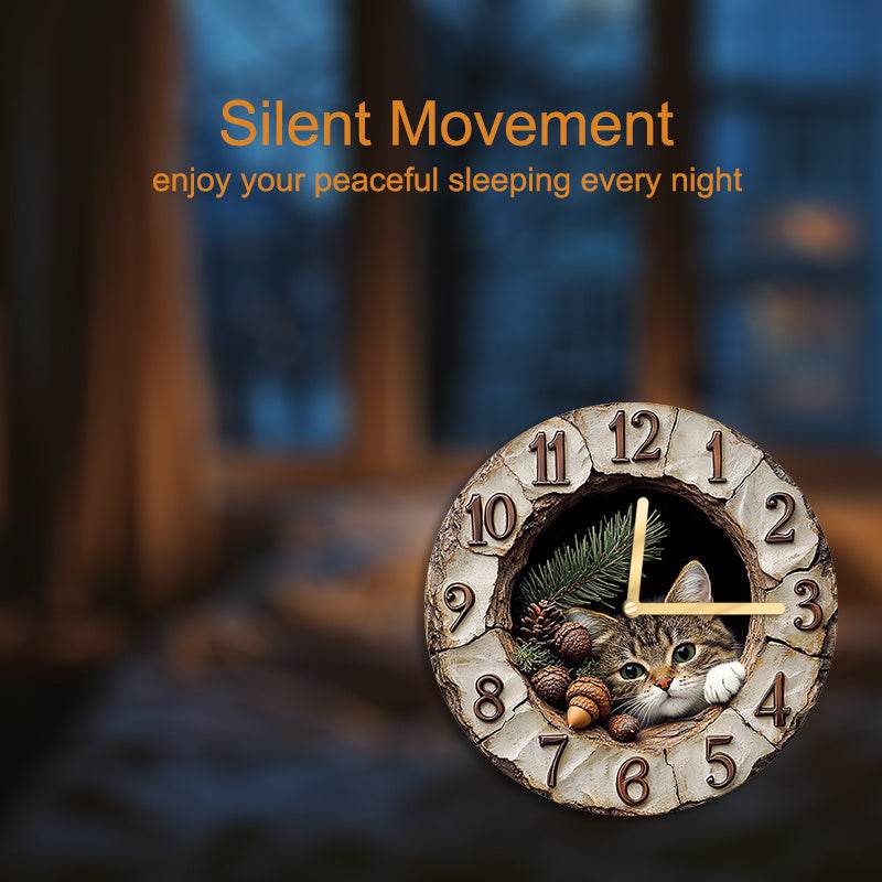 Silent Cat Wall Clock with Plush Toy Decor - Montero Milan