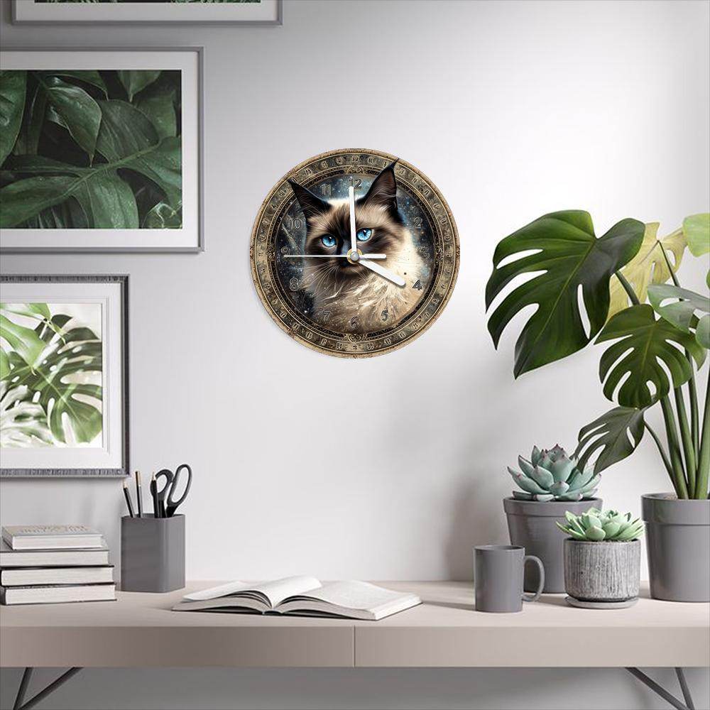 Vintage CatThemed Silent Wooden Wall Clock - Montero Milan