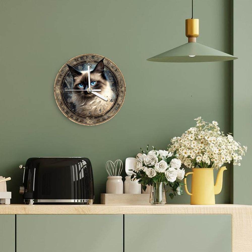 Vintage CatThemed Silent Wooden Wall Clock - Montero Milan