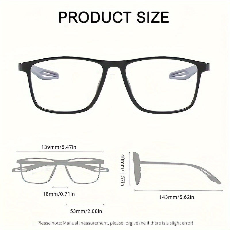 Sport reading glasses size chart with frame and lens dimensions in millimeters and inches