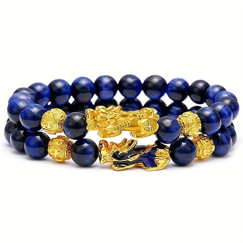 2 Pieces Natural Tiger Eye Stone Pixiu Charm Good Luck Bracelet for Men - Montero Milan