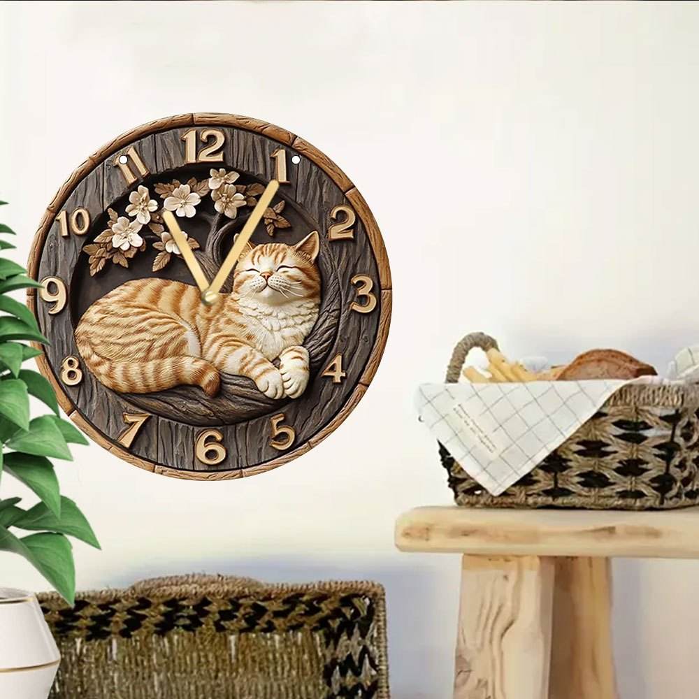Charming Vintage Cat Floral Wooden Style Wall Clock - Montero Milan