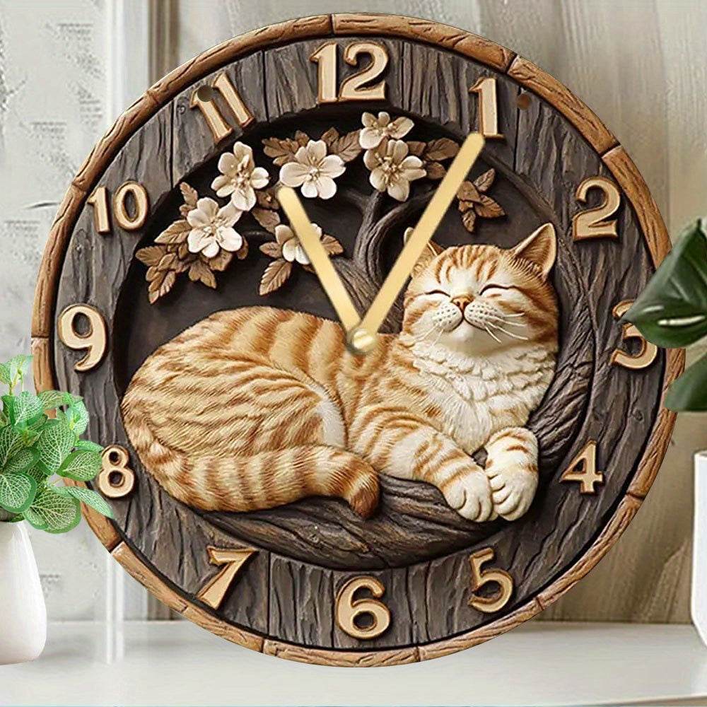 Charming Vintage Cat Floral Wooden Style Wall Clock - Montero Milan