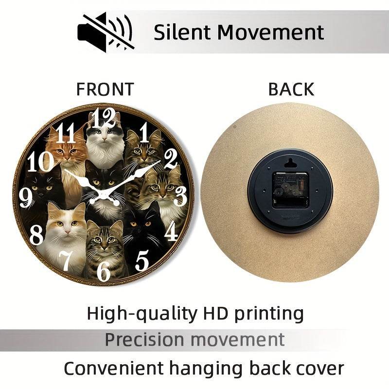 Charming CatThemed Rustic Wooden Wall Clock Battery Operated - Montero Milan