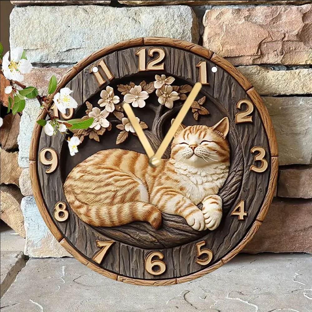 Charming Vintage Cat Floral Wooden Style Wall Clock - Montero Milan
