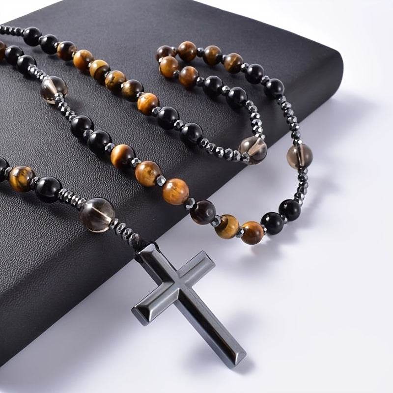 1pc Natural Tiger Eye Round Bead Long Chain Necklace with Hematite Cross Rosary Beads, Men's Jewelry for Spiritual Style - Montero Milan