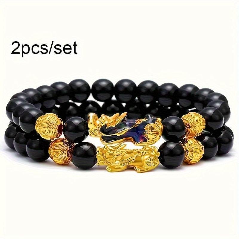 2 Pieces Natural Tiger Eye Stone Pixiu Charm Good Luck Bracelet for Men - Montero Milan