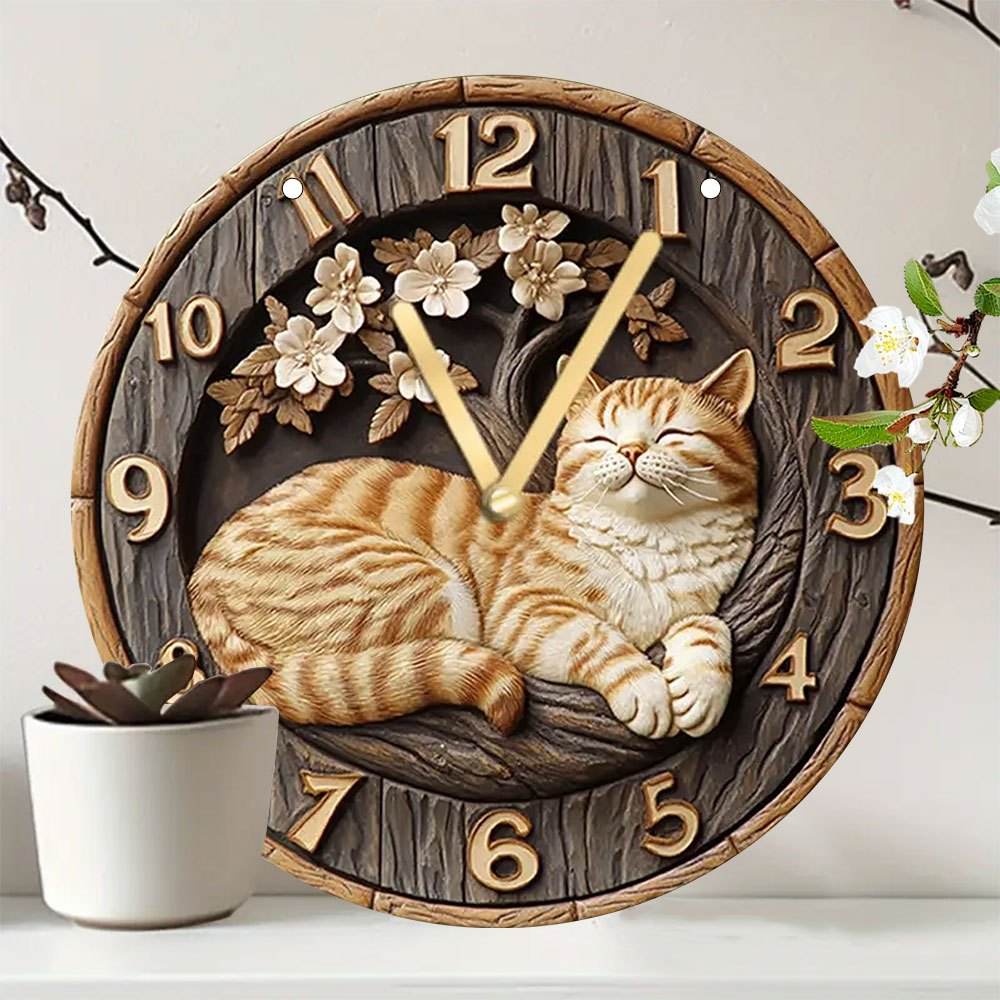 Charming Vintage Cat Floral Wooden Style Wall Clock - Montero Milan