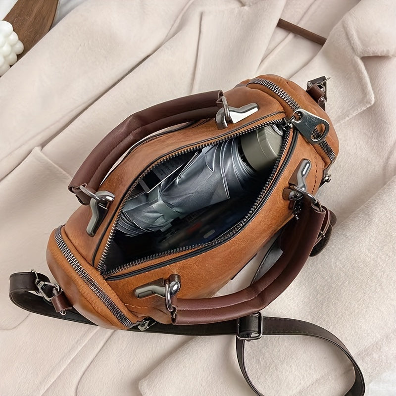 Retro Chic Leather Boston Handbag