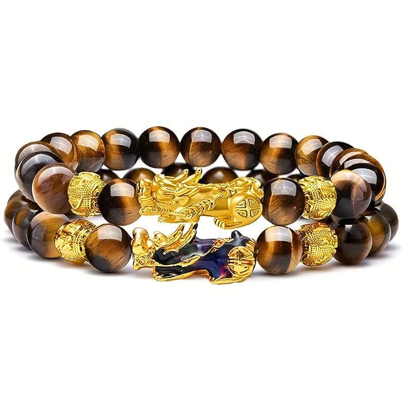2 Pieces Natural Tiger Eye Stone Pixiu Charm Good Luck Bracelet for Men - Montero Milan