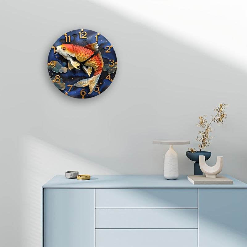 Red Koi Fish Silent Wall Clock Wooden Round Digital Display - Montero Milan