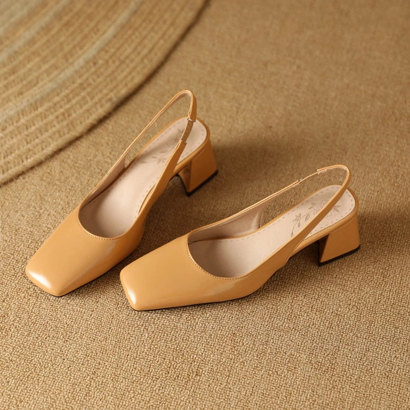 Apricot glossy patent leather pumps with medium block heel