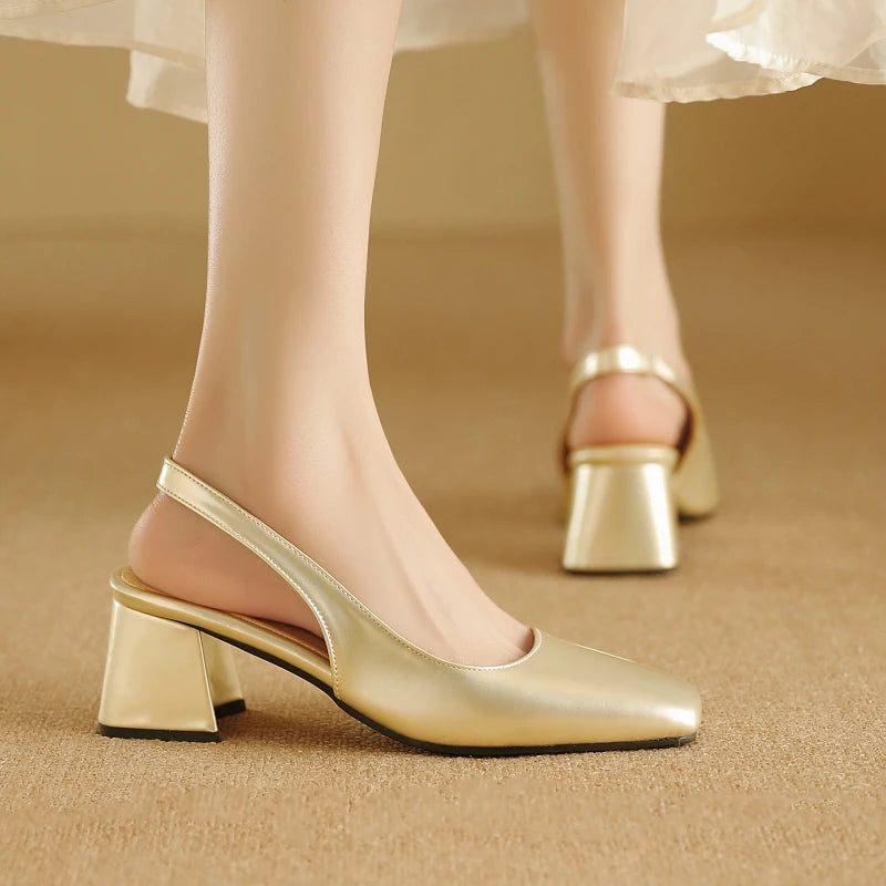 Apricot glossy patent leather slingback shoes, side and back view