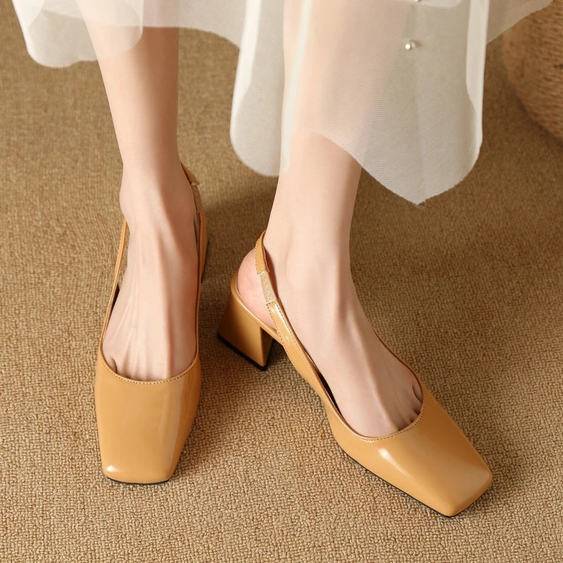 Apricot patent leather slingback pumps