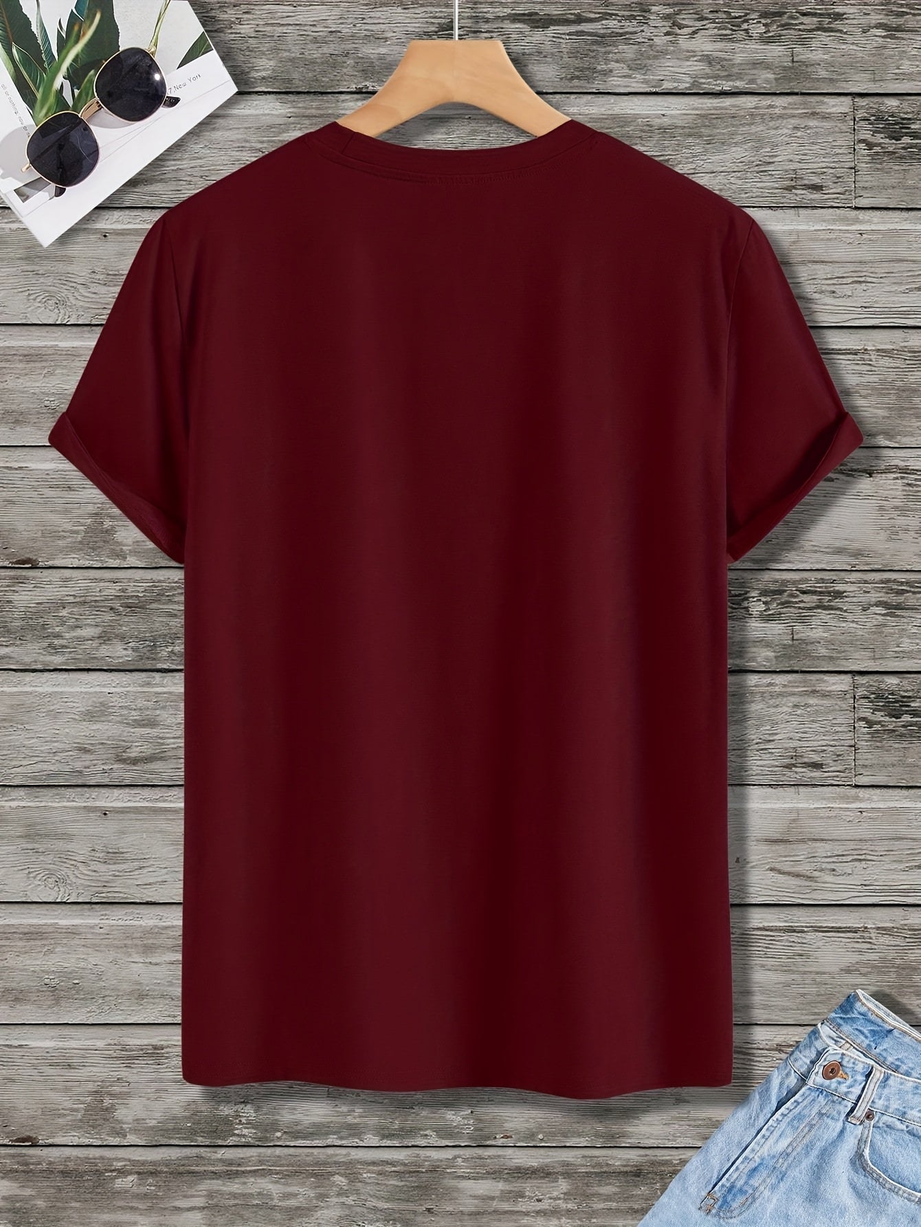 Back view of burgundy cotton graphic T-shirt showing plain design without print