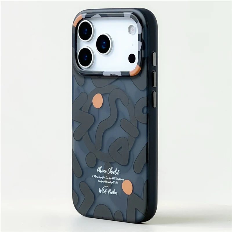 Back view of dark gray graffiti iPhone 17 MagSafe case with gold accent