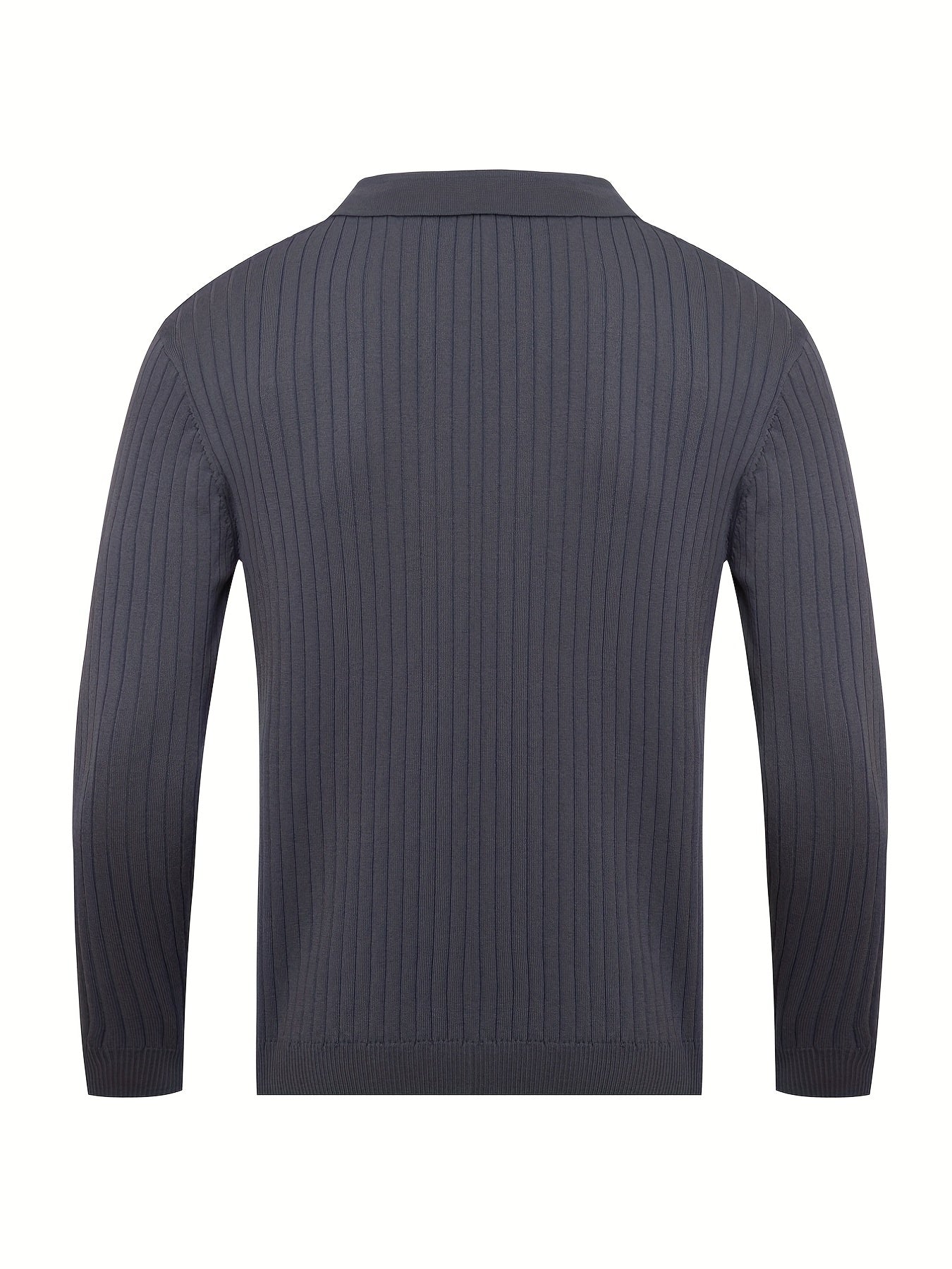 Back view of men's charcoal gray knit polo sweater with ribbed detailing