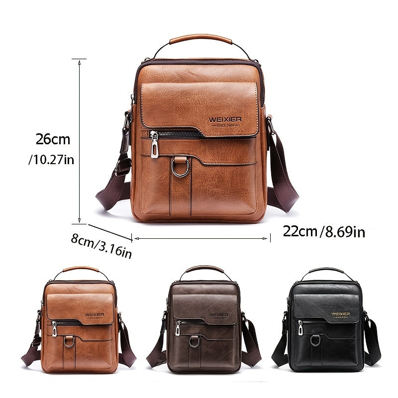 Bag dimensions: 26x22x8 cm shown across three color variants – tan, brown, black