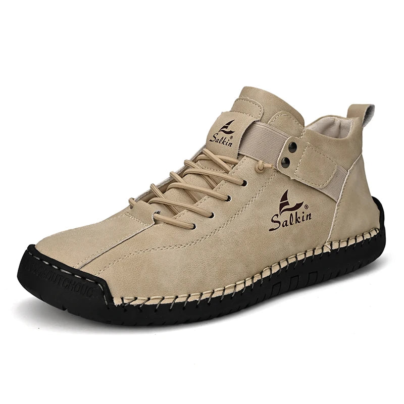 Beige breathable leather ankle sneaker for men with contrast stitching, side view