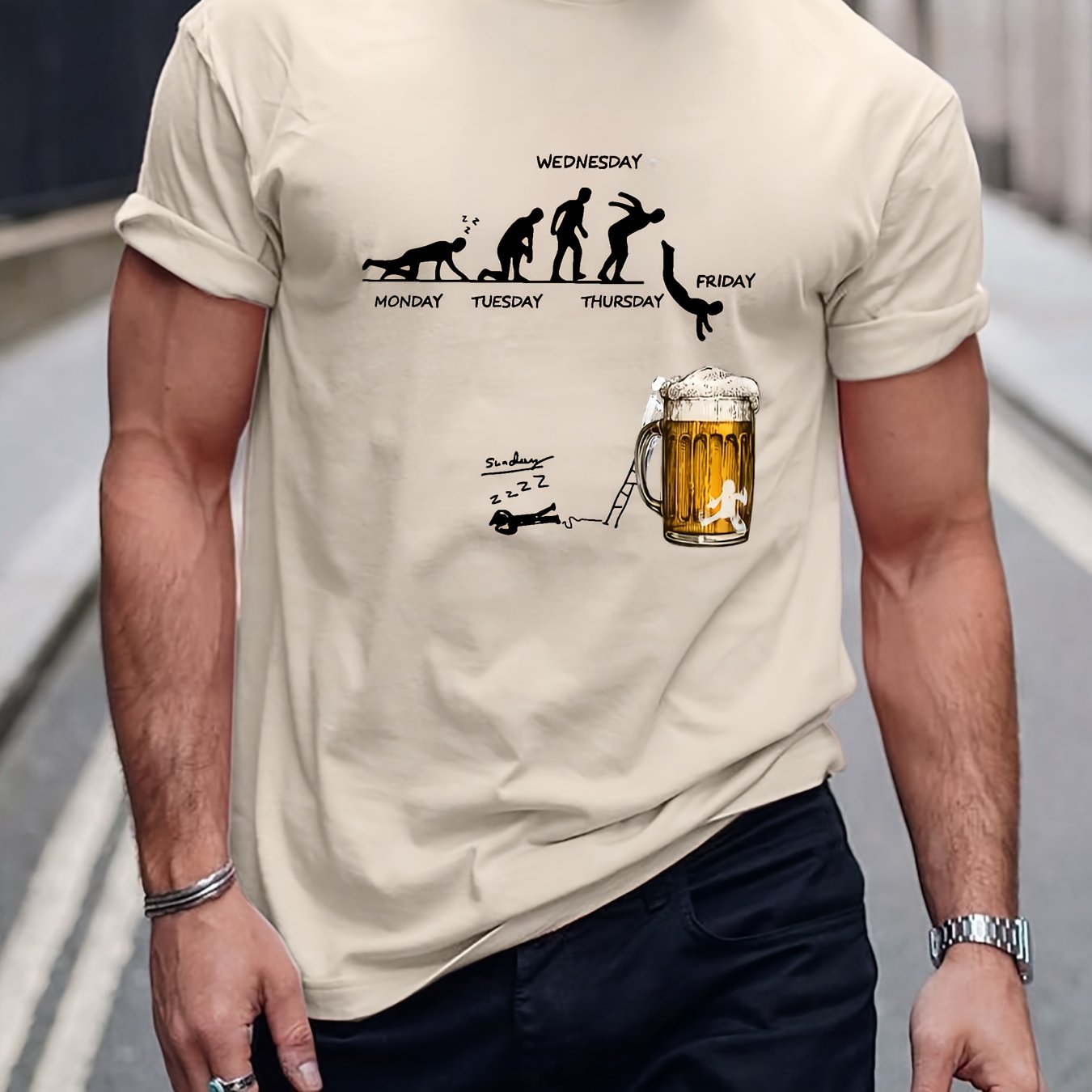 Beige cotton T-shirt with weekday evolution and beer mug illustration, front display