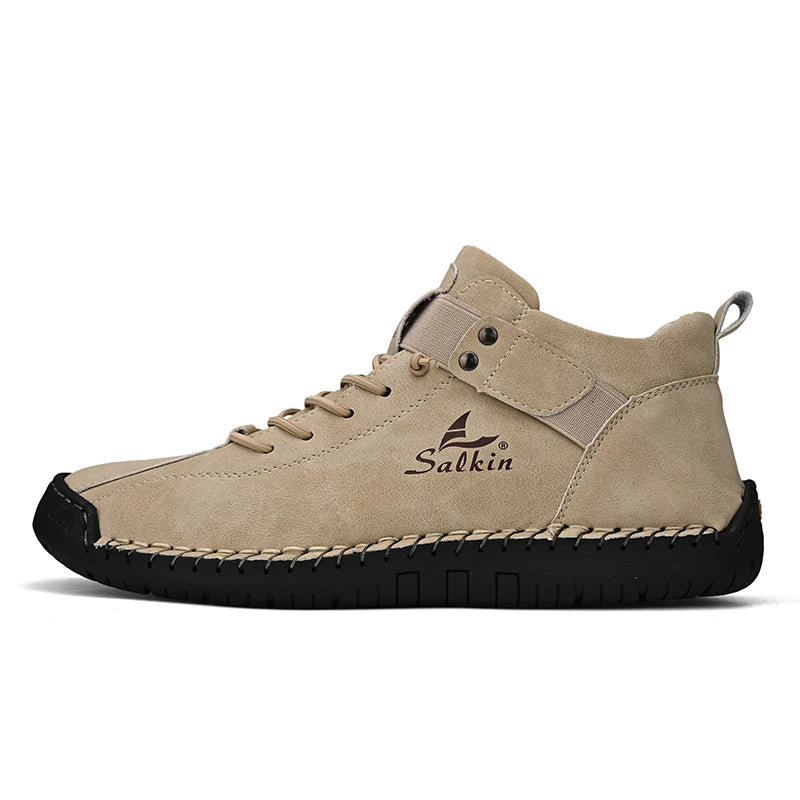 Beige leather sneakers in casual style with stitched edge and breathable lining