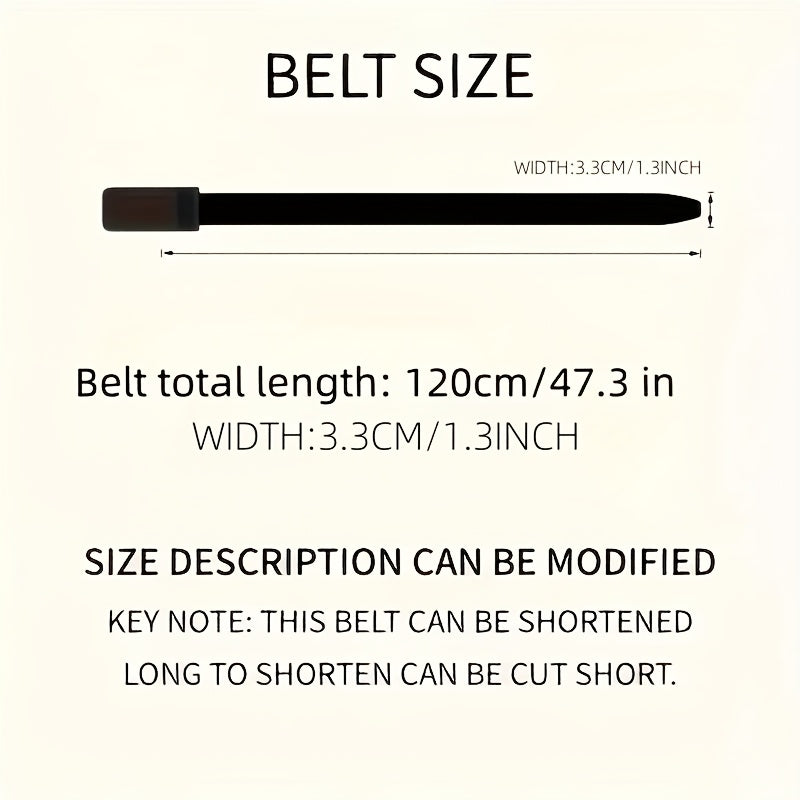 Belt size guide showing 120cm length and adjustable width