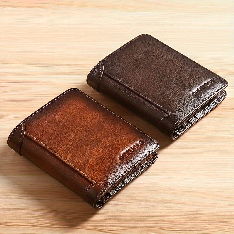 Bi-fold and tri-fold leather wallets in brown and dark coffee laid on wood surface