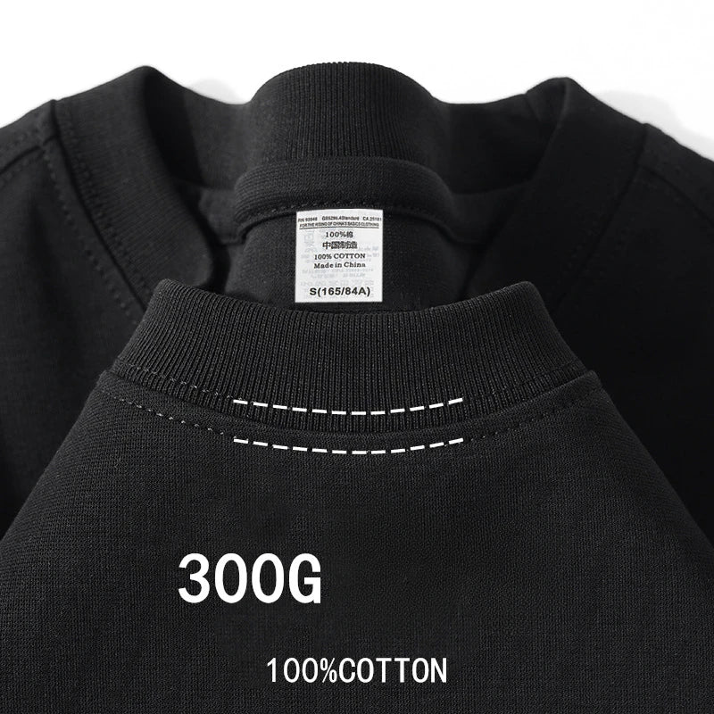 Black 300g cotton T-shirt collar close-up with reinforced stitching and label