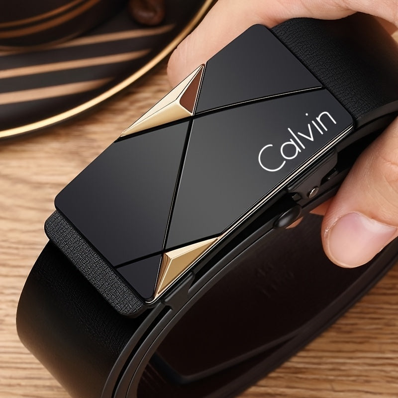 Black Calvin men's belt with gold-accented automatic buckle