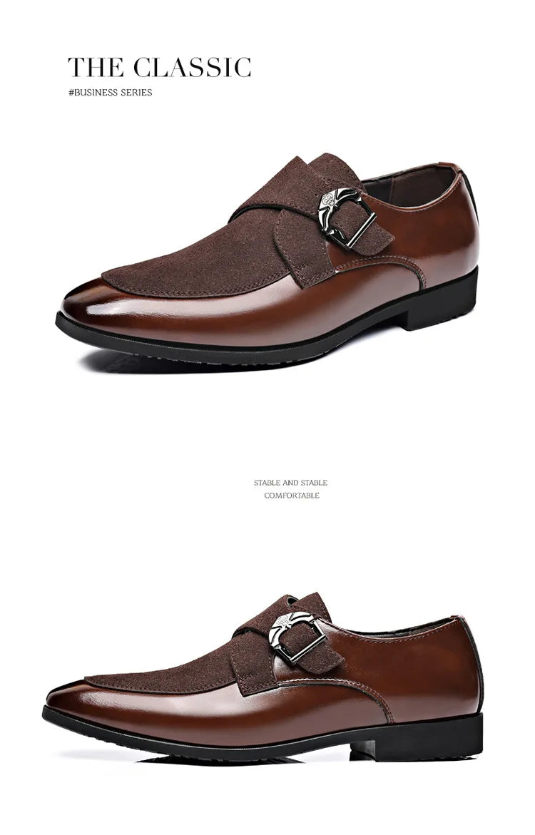 Black and brown men’s leather loafers with buckle and textured upper