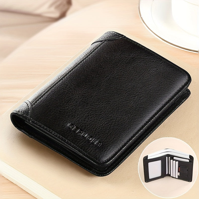 Black bi-fold leather wallet with structured storage layout visible in inset