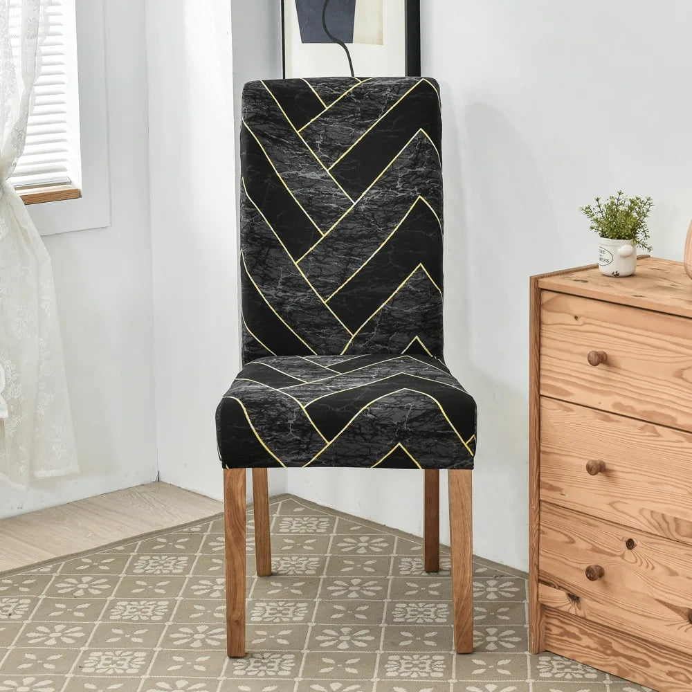 Black chair cover with yellow chevron lines and marble texture placed in modern decor setting