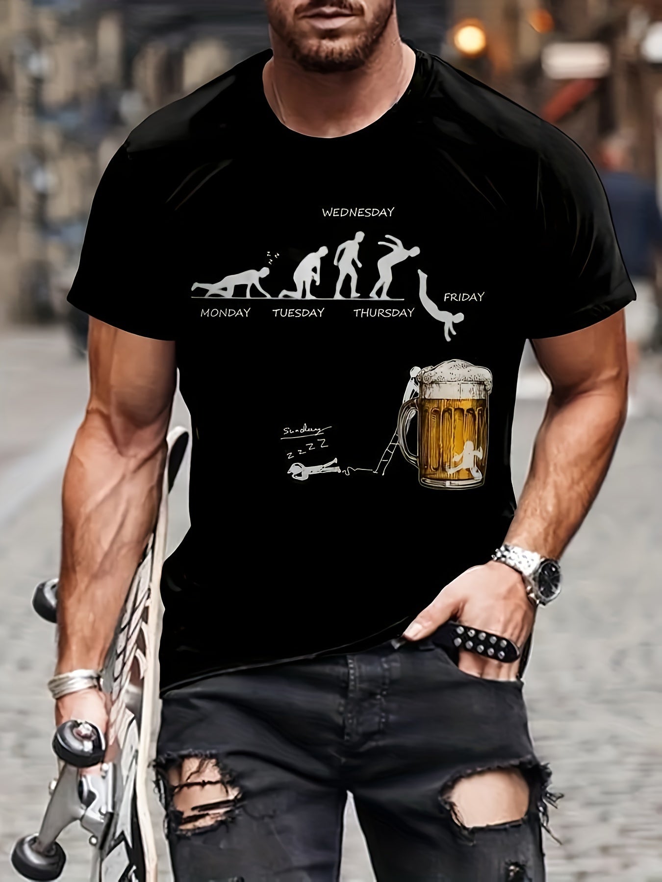 Black cotton T-shirt with weekday evolution and beer mug graphic, outdoor model view