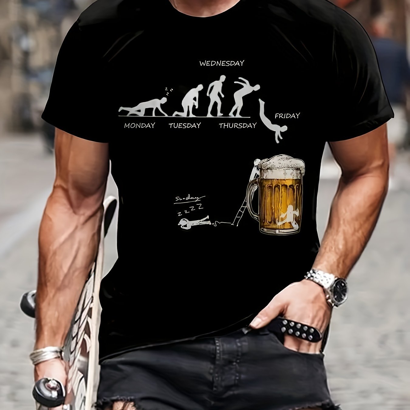 Black cotton T-shirt with weekday evolution design and beer mug, casual street view