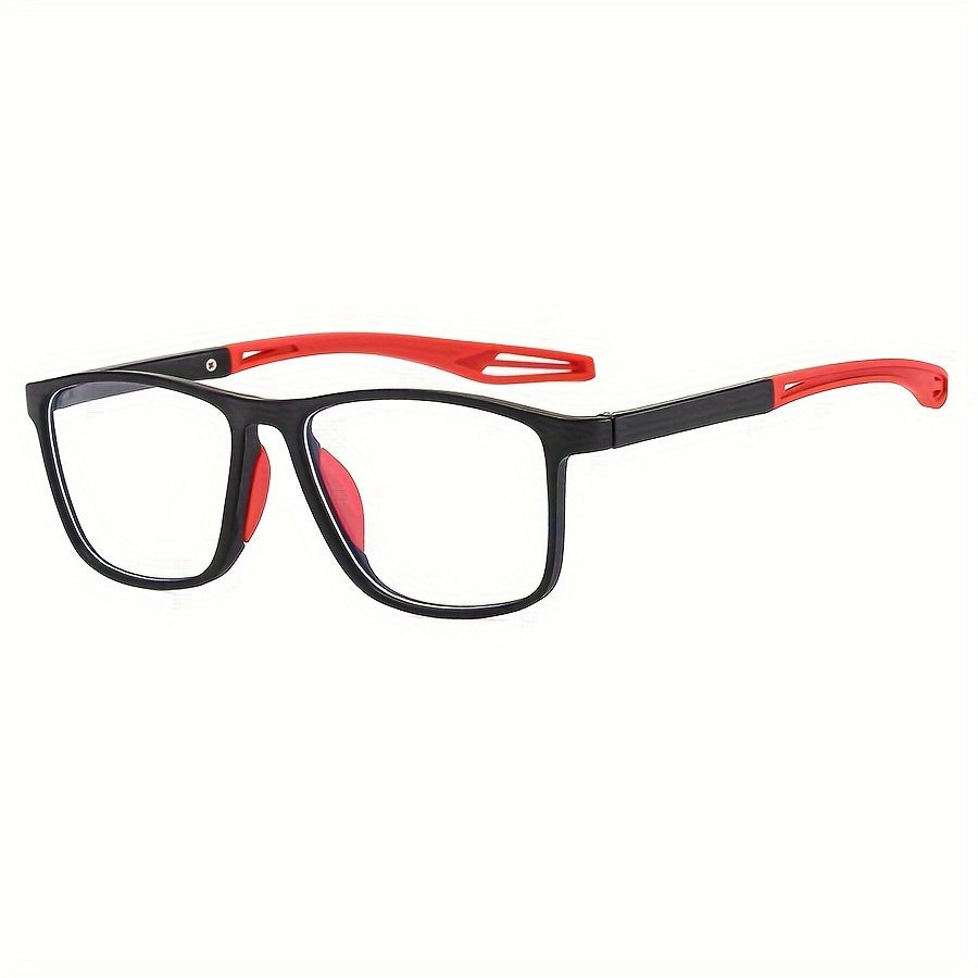 Black frame reading glasses with red accents on the temples and red silicone nose pads