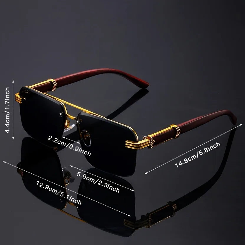 Black frameless sunglasses with gold temples, detailed size measurements overlayed in cm and inches